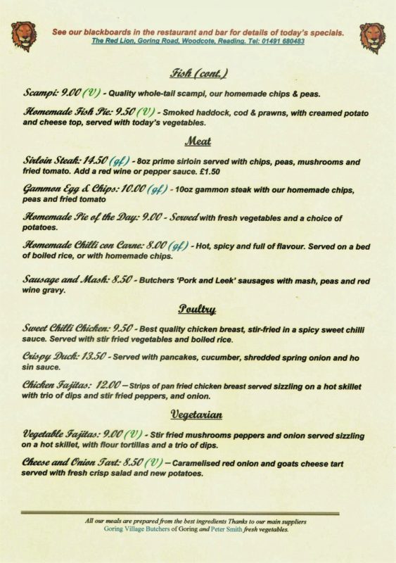 Menu - Red Lion Woodcote